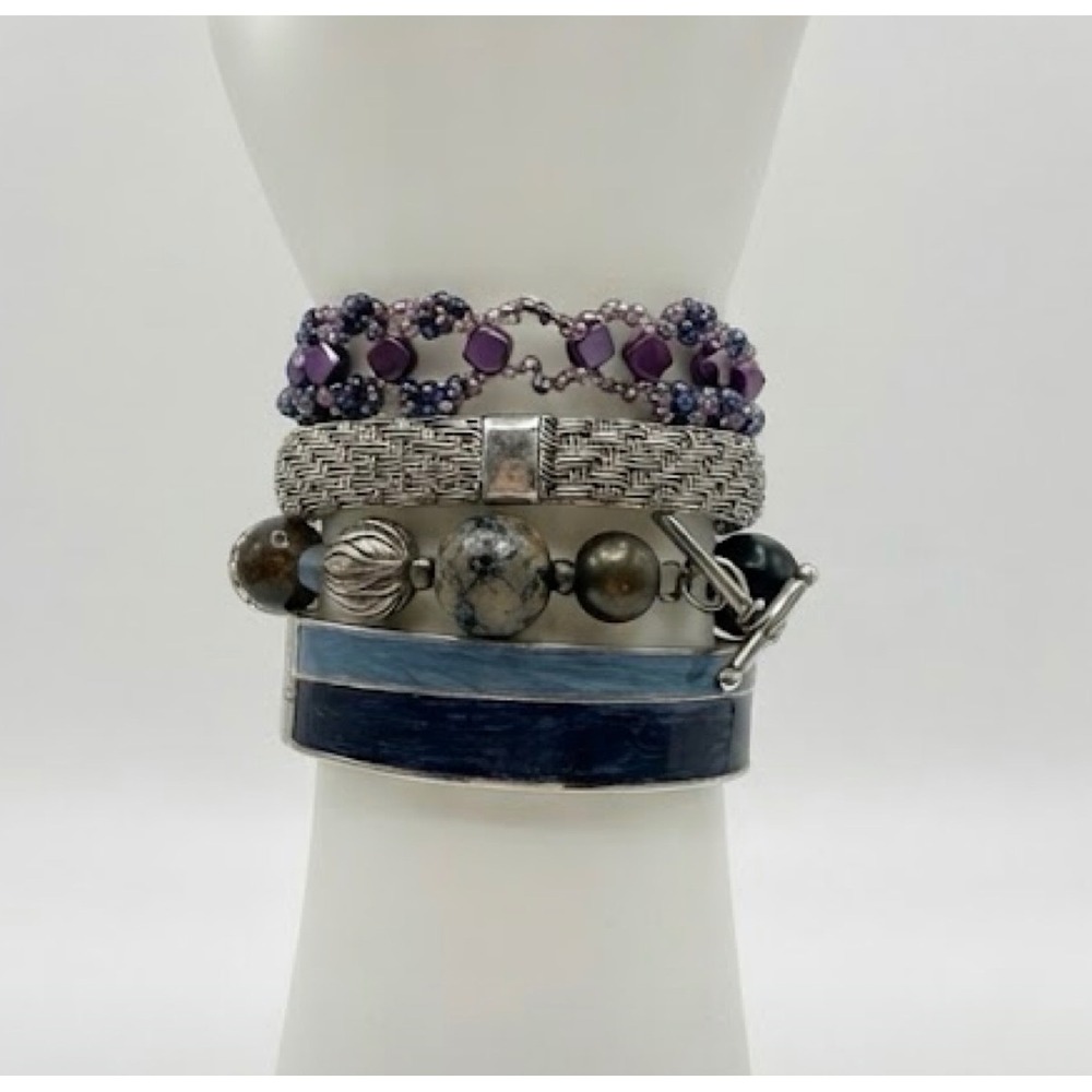 Boho Bracelet Stack 4pc Blue Enamel Hinged Bangle Purple Beadwoven Toggle